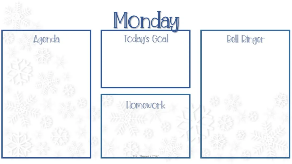 Monday agenda slide in the second design, with headings for Agenda, Today's Goal, Homework, and Bell Ringer.