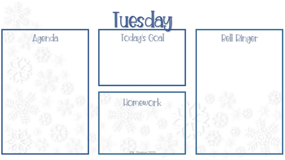Tuesday agenda slide in the second design, with headings for Agenda, Today's Goal, Homework, and Bell Ringer.