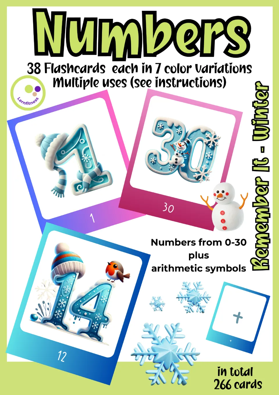 Winter number flashcard cover listing numbers 0–30, arithmetic symbols, seven color variations, and 266 cards