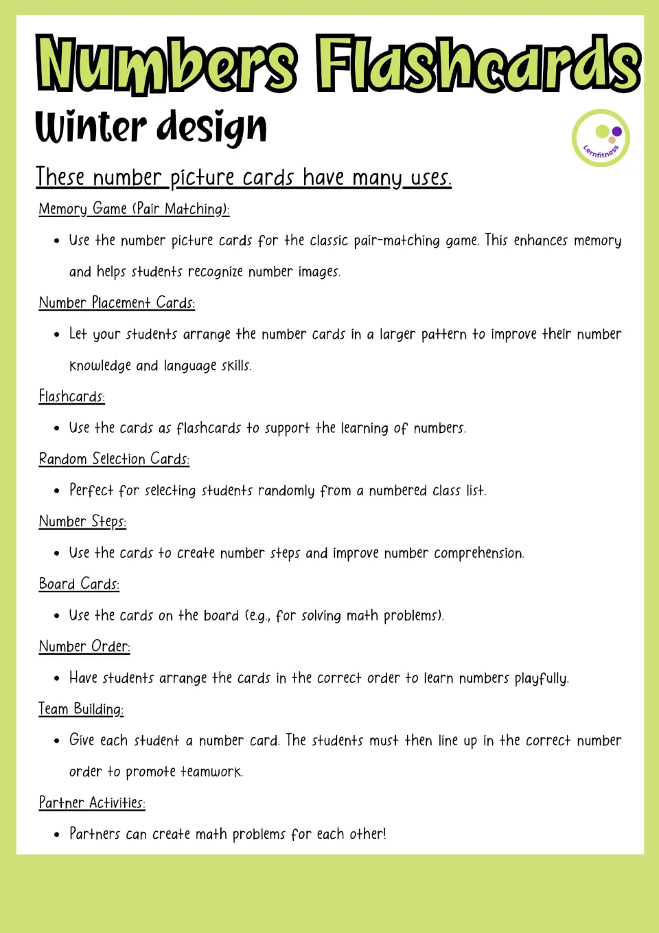 Number flashcard activity guide covering pair matching, number order, team building, and partner math problems
