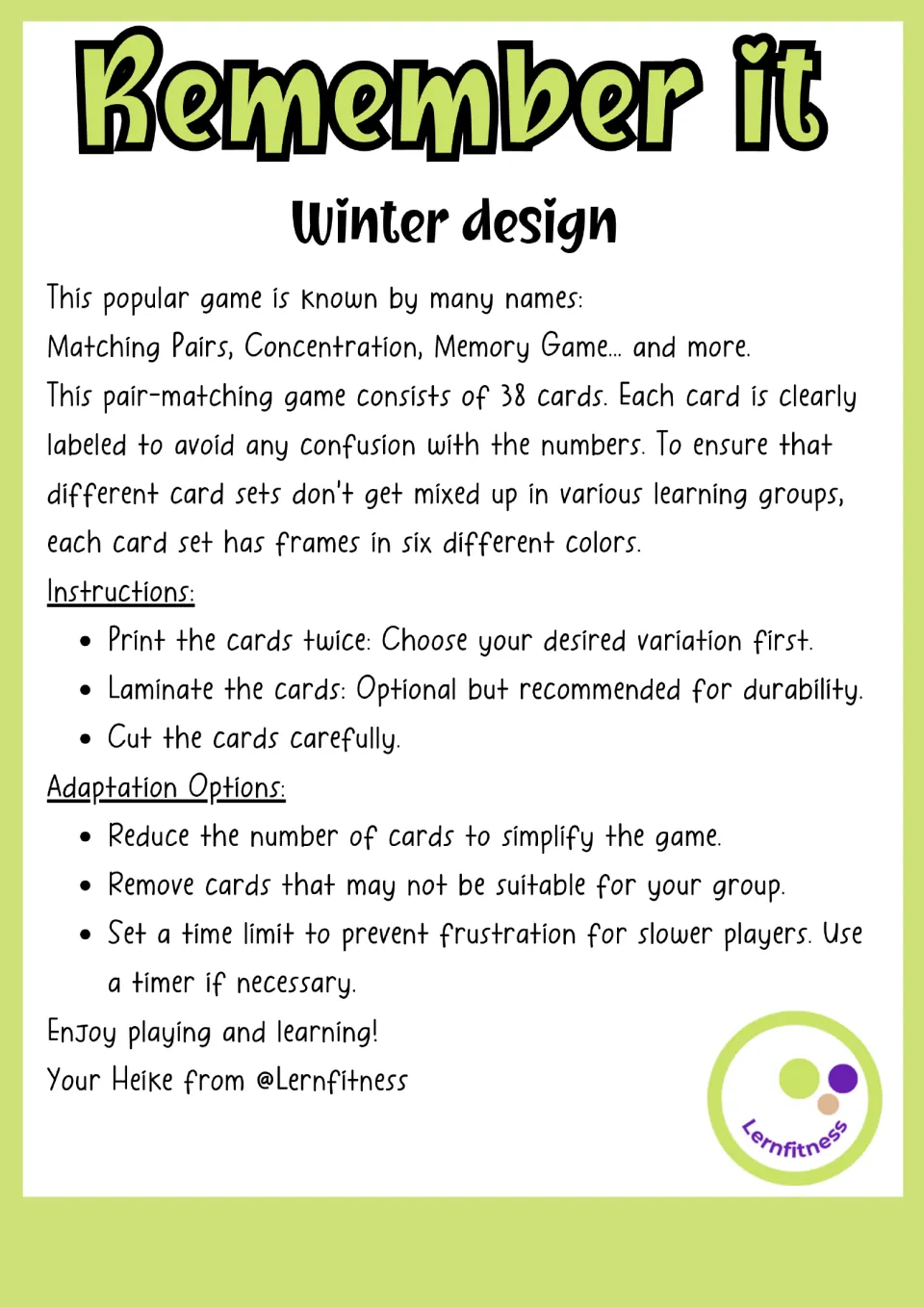 Memory game preparation guide: print cards twice, optionally laminate, cut apart, and adapt the card selection