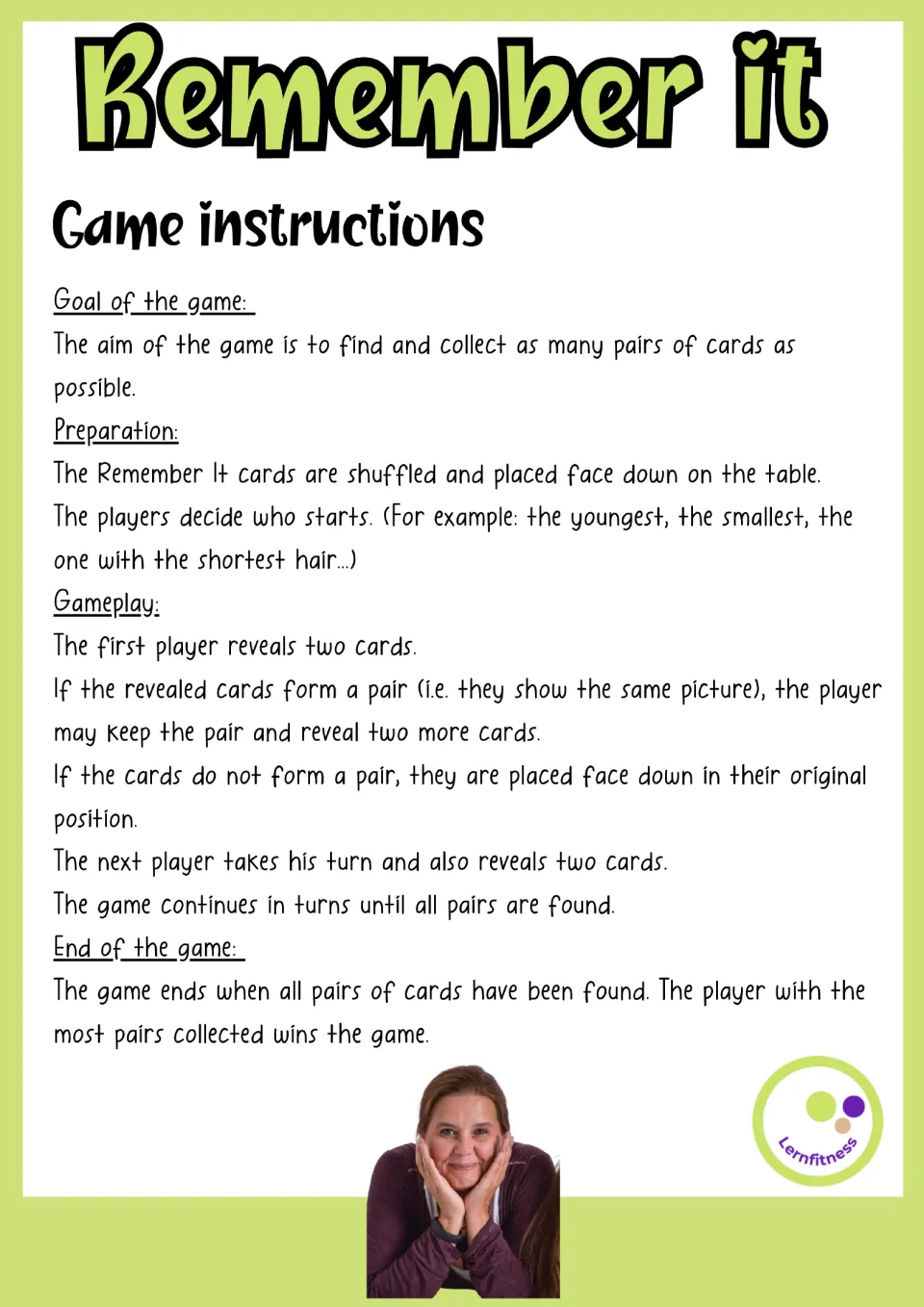 Memory game rules explain placing cards face down, revealing two, keeping matches, and winning with most pairs