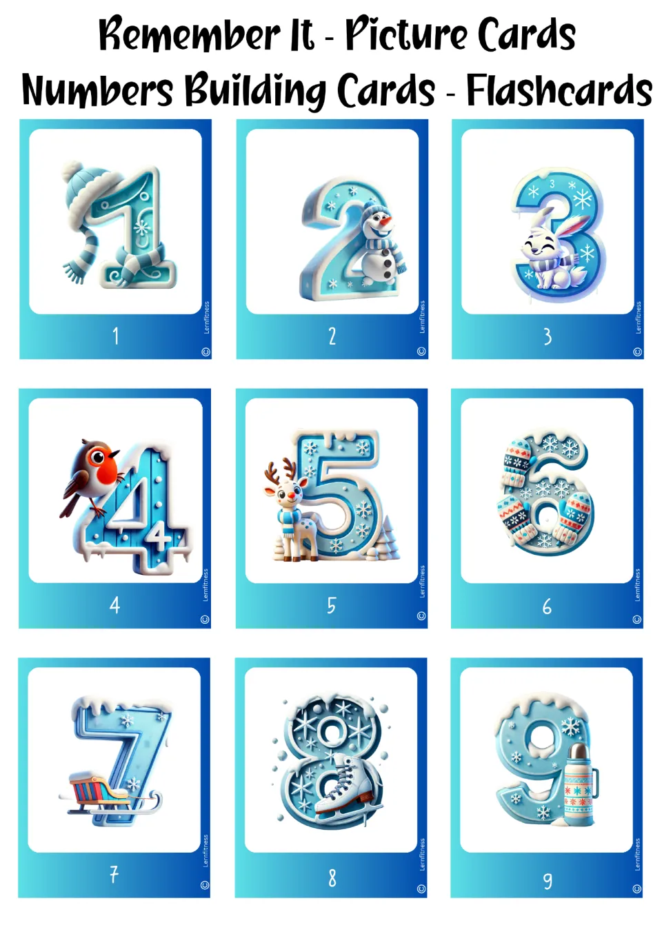 Winter number flashcards 1–9 in the blue color version, each pairing an illustrated numeral with a number label