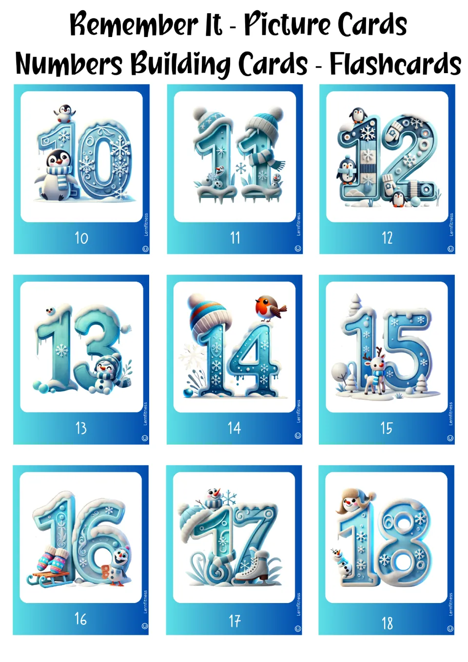Winter number flashcards 10–18 in the blue color version, with illustrated numerals and matching number labels