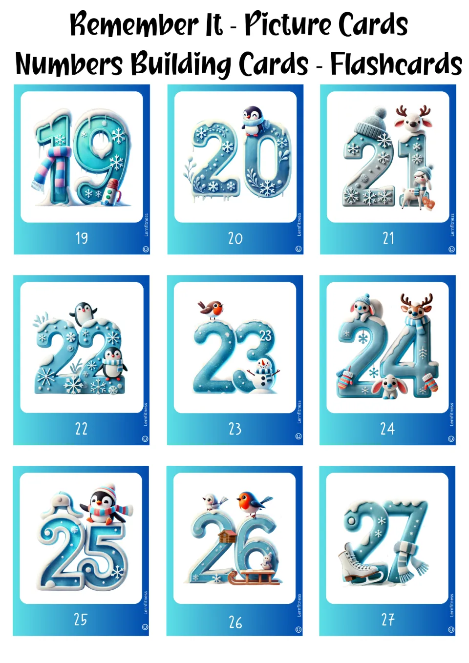 Winter number flashcards 19–27 in the blue color version, with illustrated numerals and matching number labels