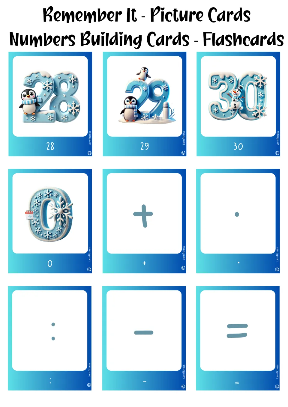 Blue winter flashcards for 28, 29, 30, and 0, plus addition, multiplication dot, division colon, minus, and equals