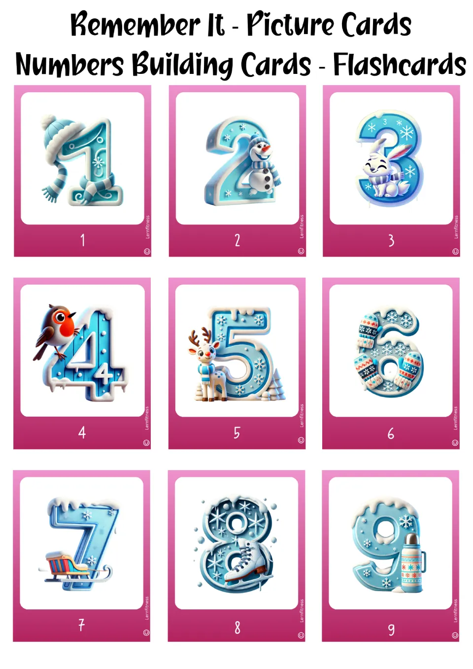 Winter number flashcards 1–9 repeated in the pink color version, with illustrated numerals and number labels