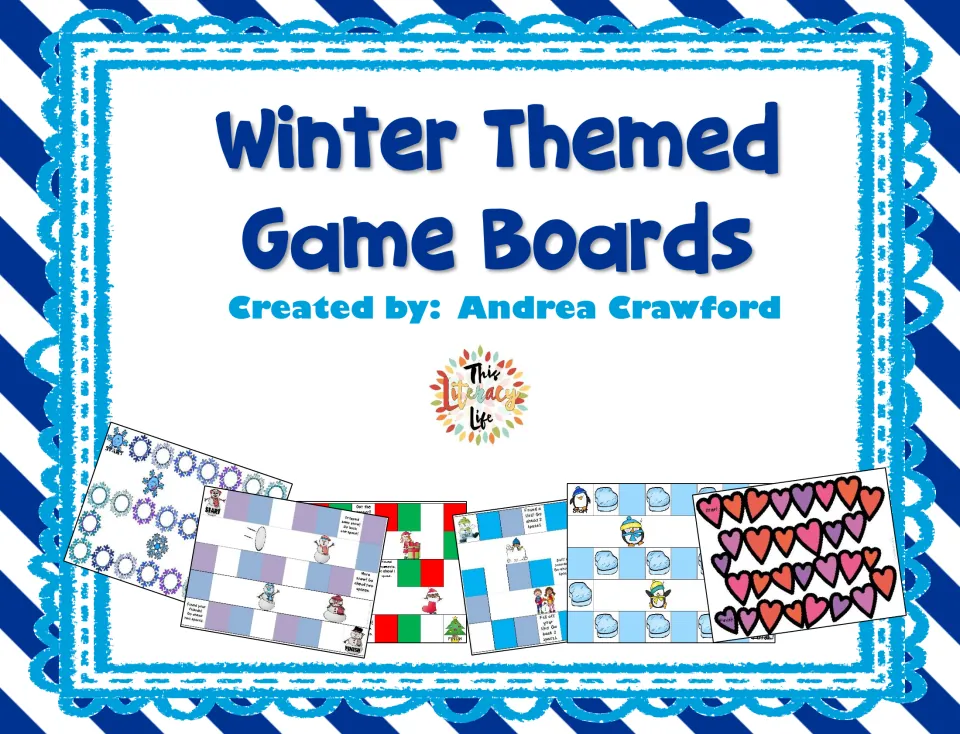 Cover of Winter Themed Game Boards by Andrea Crawford, showing snowflake, holiday, snowman, penguin and heart boards