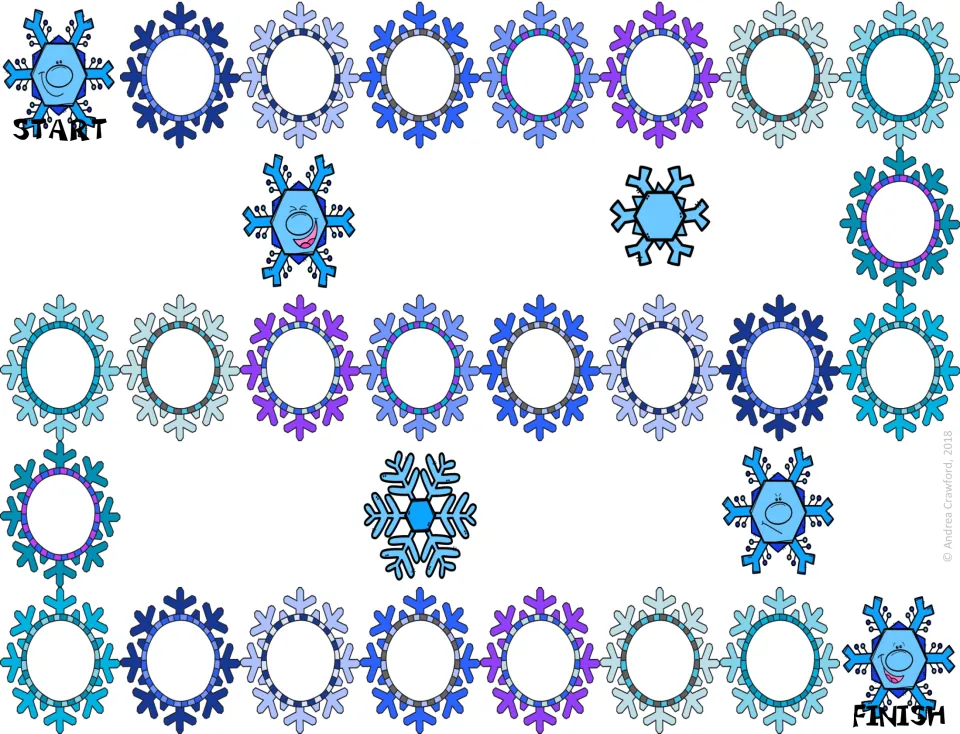 Snowflake path game: players move along a trail of blank snowflake spaces from a smiling snowflake START to FINISH