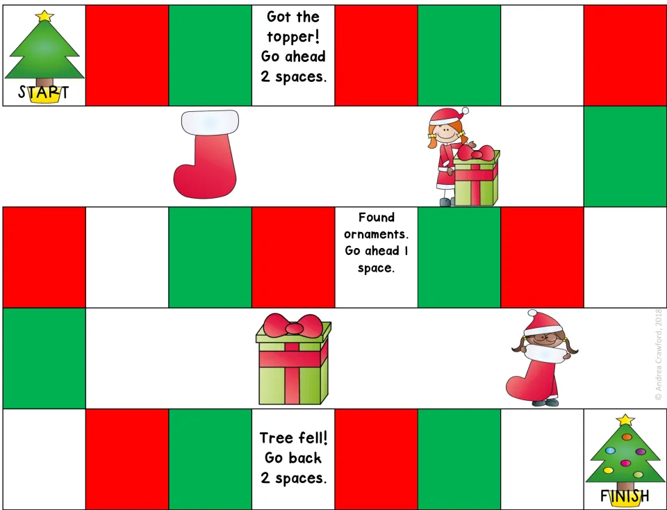Christmas path game: players go from tree START to FINISH, hitting spaces like Got the topper and Tree fell, go back 2