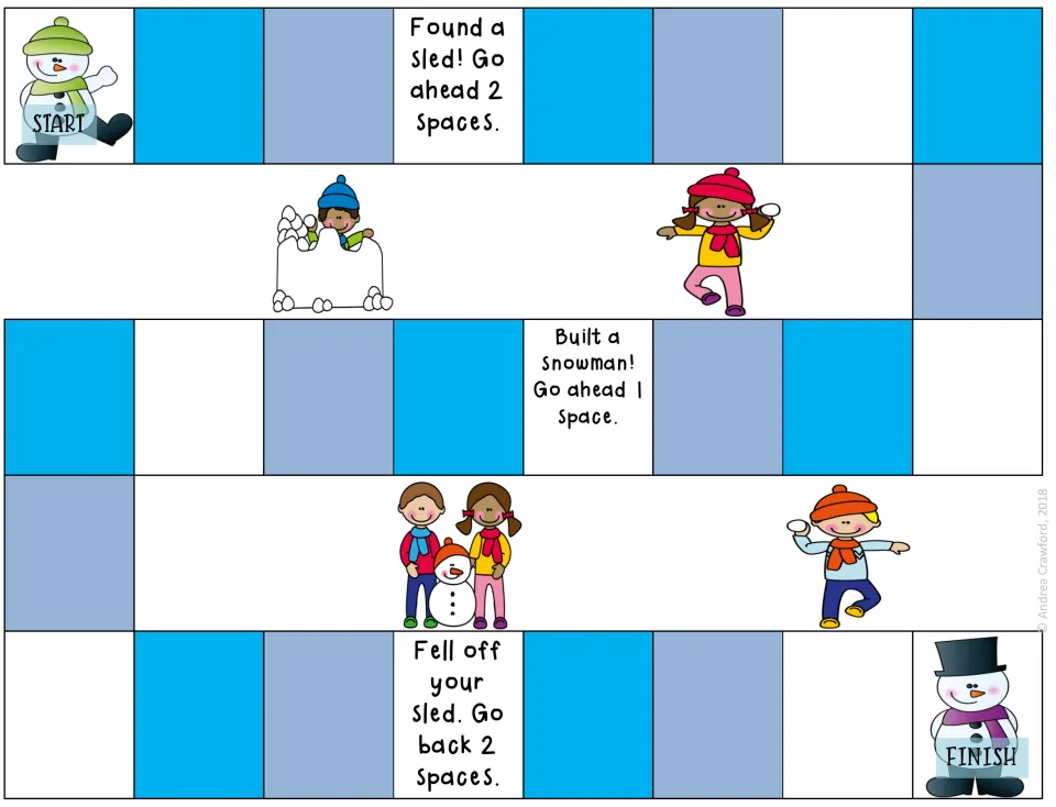Snow play path game: players go from snowman START to FINISH, moving on spaces like Found a sled and Fell off your sled