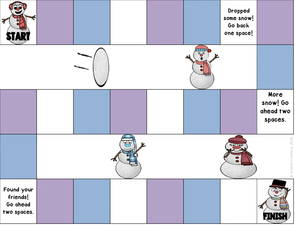 Snowman path game in purple and blue, with move spaces like Dropped some snow, go back one, and Found your friends