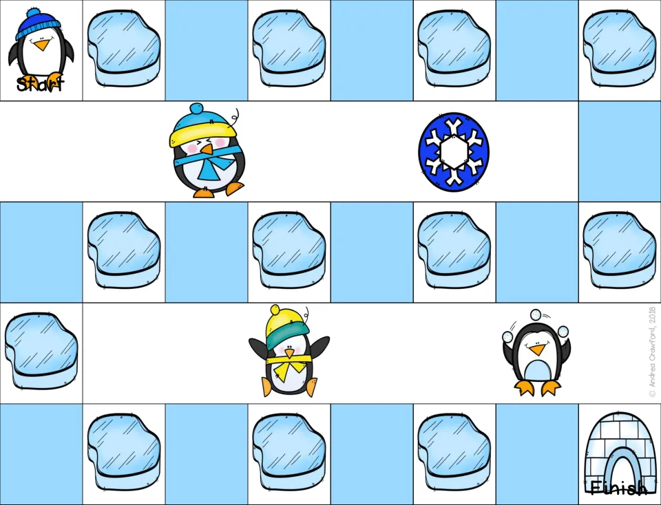 Penguin path game: players hop across ice-block spaces from a penguin at Start to an igloo at Finish