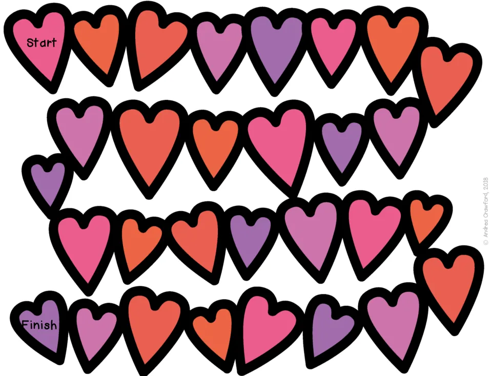 Heart path game: players move along rows of pink, red and purple hearts winding from Start to Finish