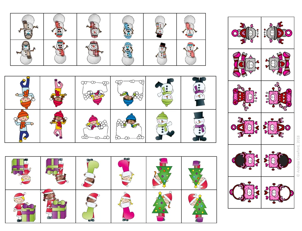 Fold-over player pieces to cut out: snowmen, kids in winter gear, holiday kids and Valentine robots for the boards