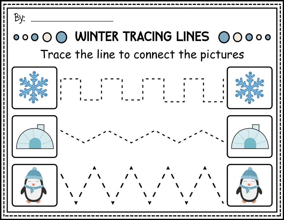 Winter tracing in color: students trace square, gentle zigzag and sharp zigzag paths joining snowflakes, igloos and penguins