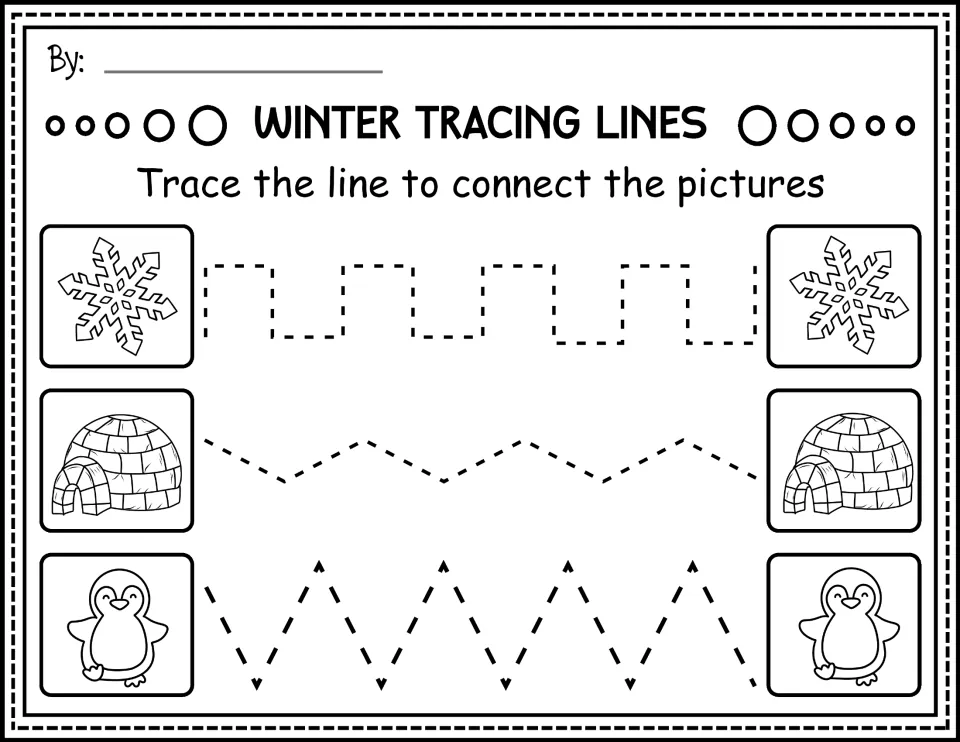 Black-and-white winter tracing: students trace square and zigzag paths to match outlined snowflakes, igloos and penguins