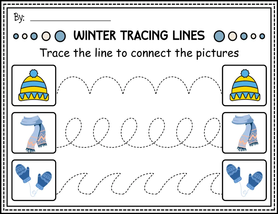 Winter clothing tracing in color: students trace arches, loops and waves to connect matching hats, scarves and mittens