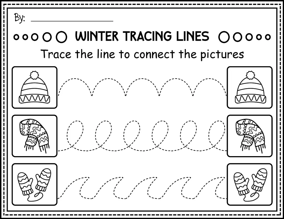 Black-and-white clothing tracing: students follow arch, loop and wave paths linking pairs of hats, scarves and mittens