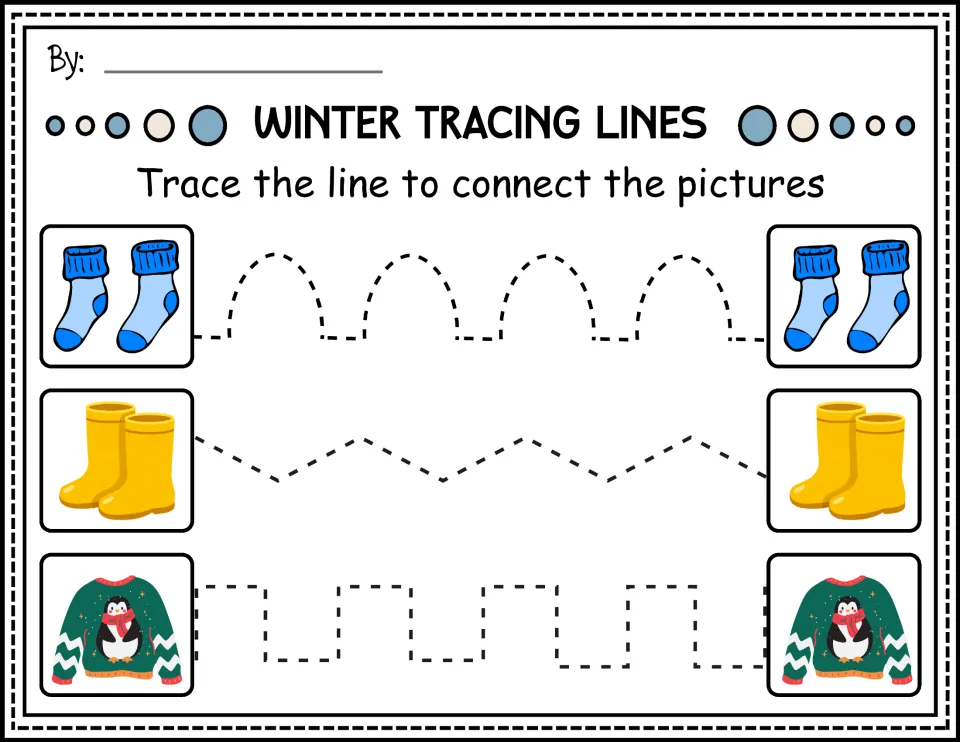 Winter wear tracing in color: students trace bumps, zigzags and square waves to join socks, yellow boots and sweaters