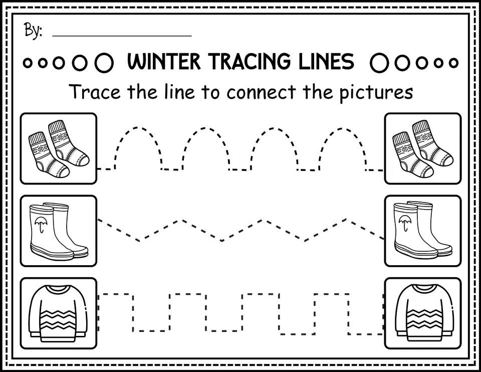 Black-and-white tracing: students follow bump, zigzag and square paths connecting pairs of socks, rain boots and sweaters