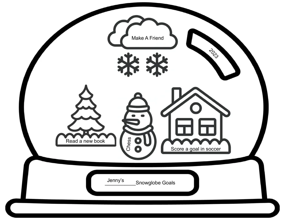 Completed snowglobe goals example: make a friend, read a new book, chess, and score a goal in soccer.