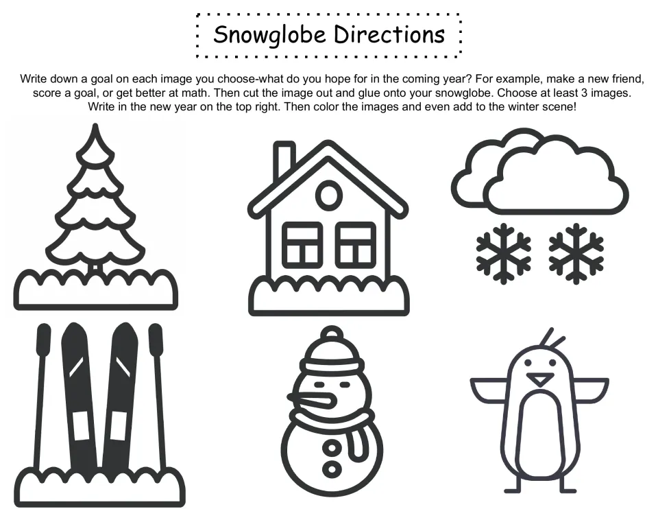 Snowglobe directions and six cutouts: tree, house, clouds with snowflakes, skis, snowman, and penguin.