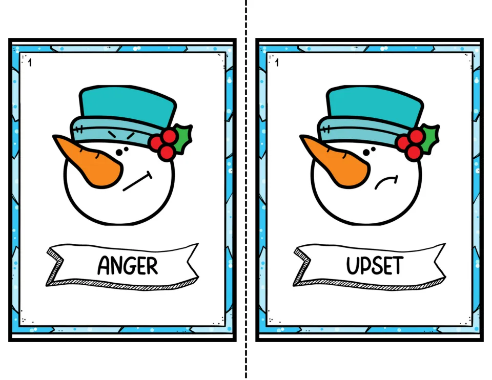Level 1 color cards naming emotions: an angry snowman with lowered brows labeled Anger and a frowning snowman labeled Upset