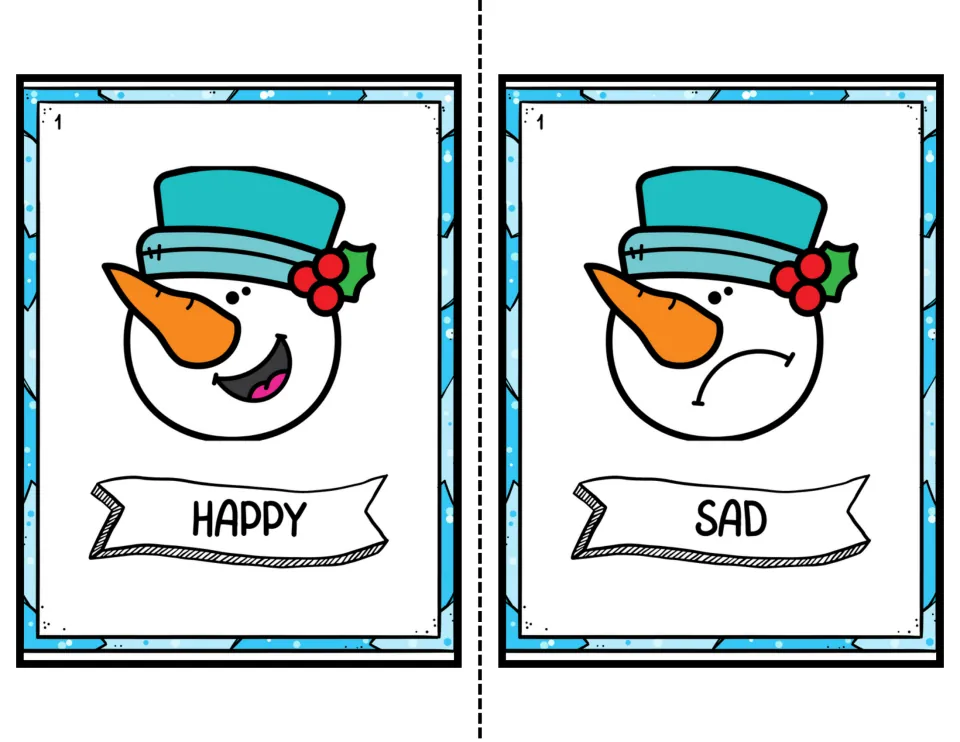 Level 1 color cards naming emotions: a smiling snowman with open mouth labeled Happy and a frowning snowman labeled Sad