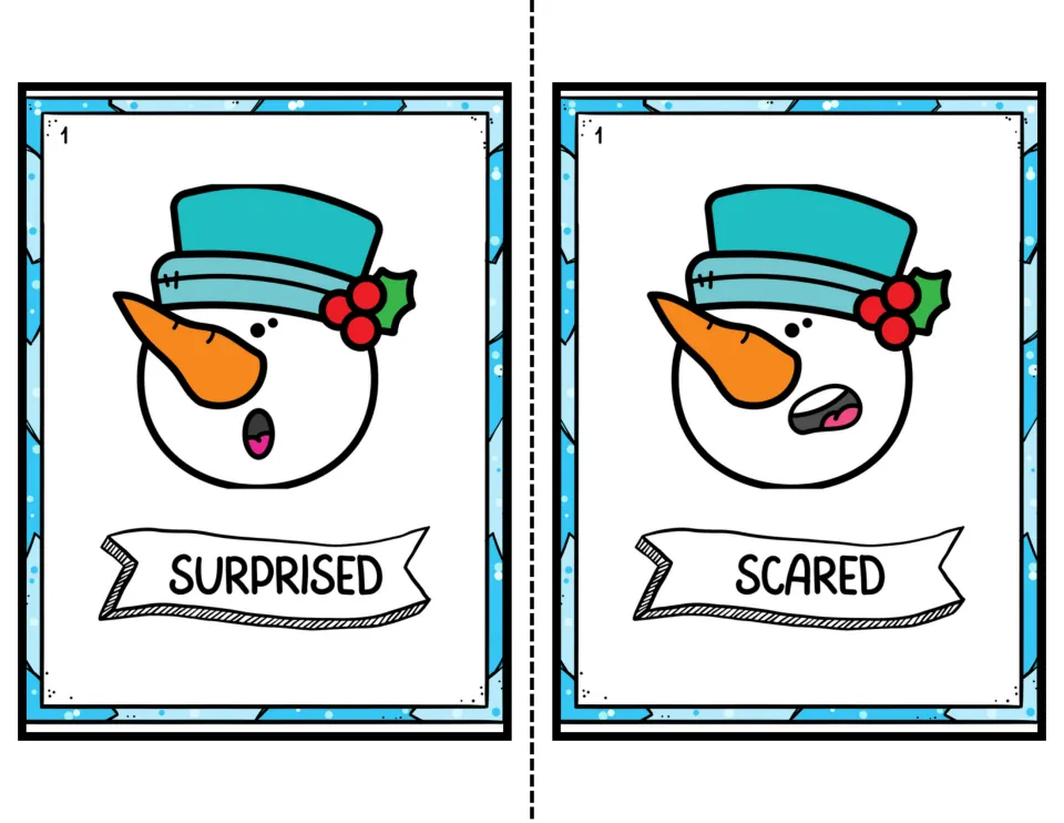 Level 1 color cards naming emotions: a snowman with a round open mouth labeled Surprised and a gasping one labeled Scared