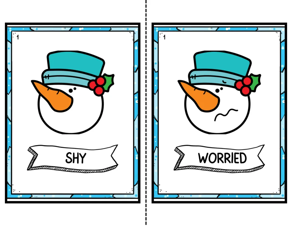 Level 1 color cards naming emotions: a snowman with no mouth labeled Shy and a snowman with a wavy mouth labeled Worried