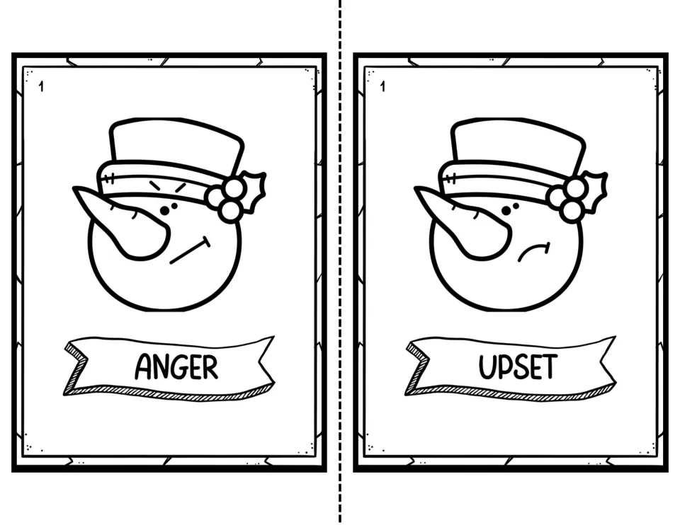 Level 1 black-and-white emotion cards: an angry snowman labeled Anger and a frowning snowman labeled Upset
