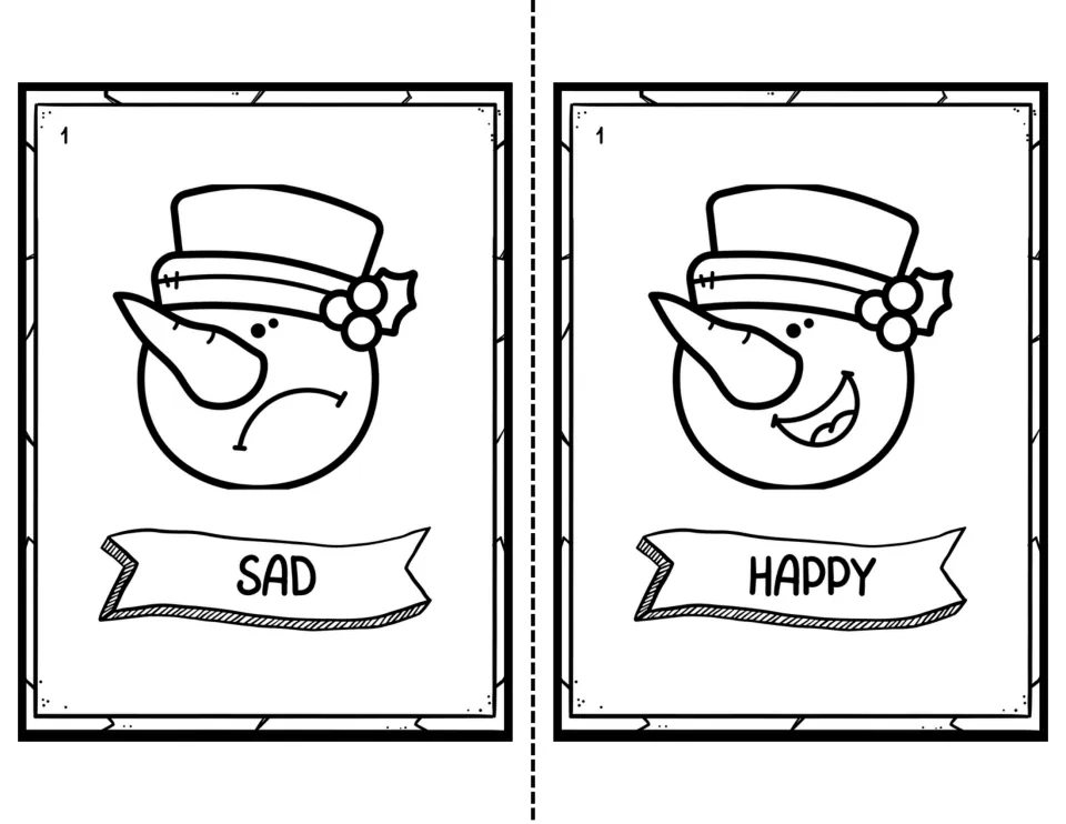 Level 1 black-and-white emotion cards: a frowning snowman labeled Sad and a grinning snowman labeled Happy