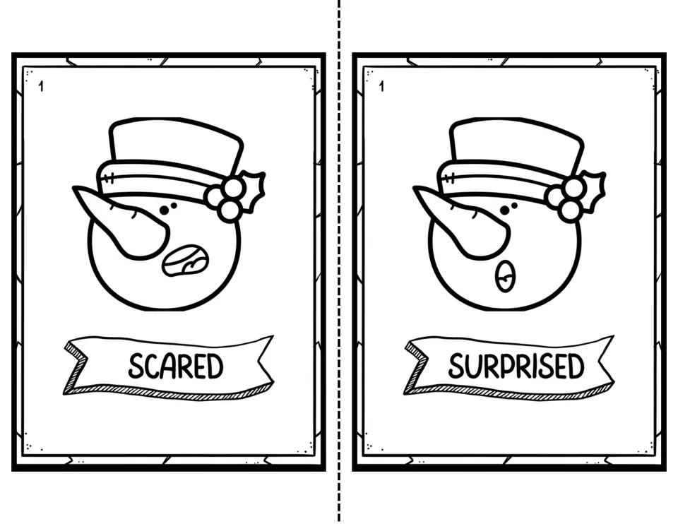 Level 1 black-and-white emotion cards: a gasping snowman labeled Scared and an open-mouthed snowman labeled Surprised