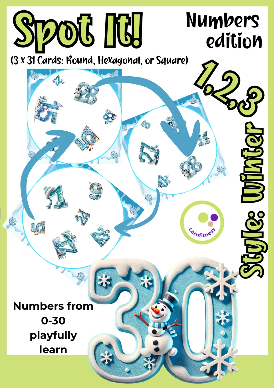 Spot It! Numbers edition cover: 3 sets of 31 winter number cards, round, hexagonal or square, for numbers 0 to 30