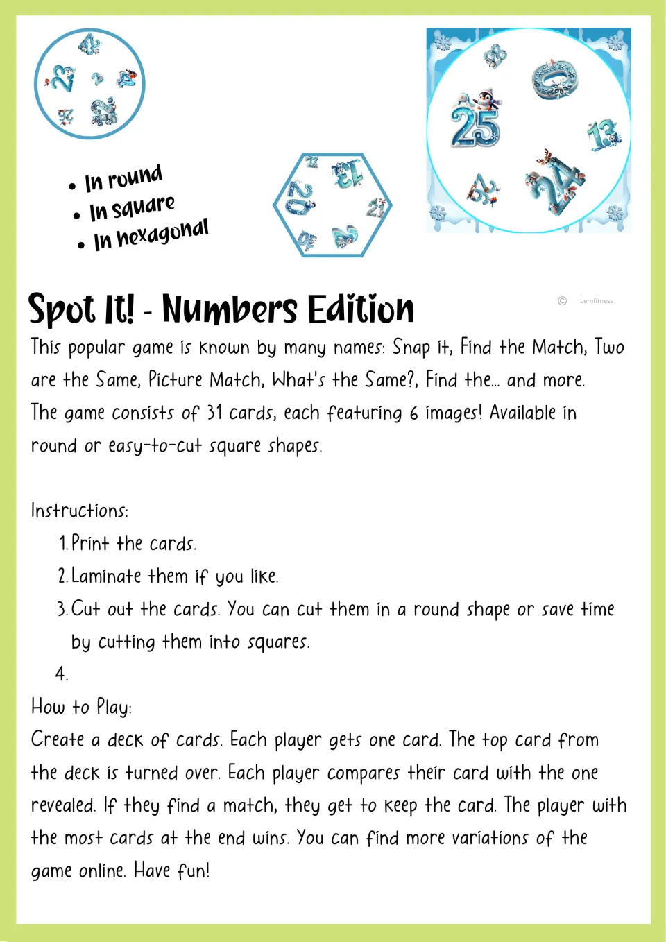 Spot It! Numbers Edition directions: print, laminate and cut 31 cards, then compare cards to find a matching number
