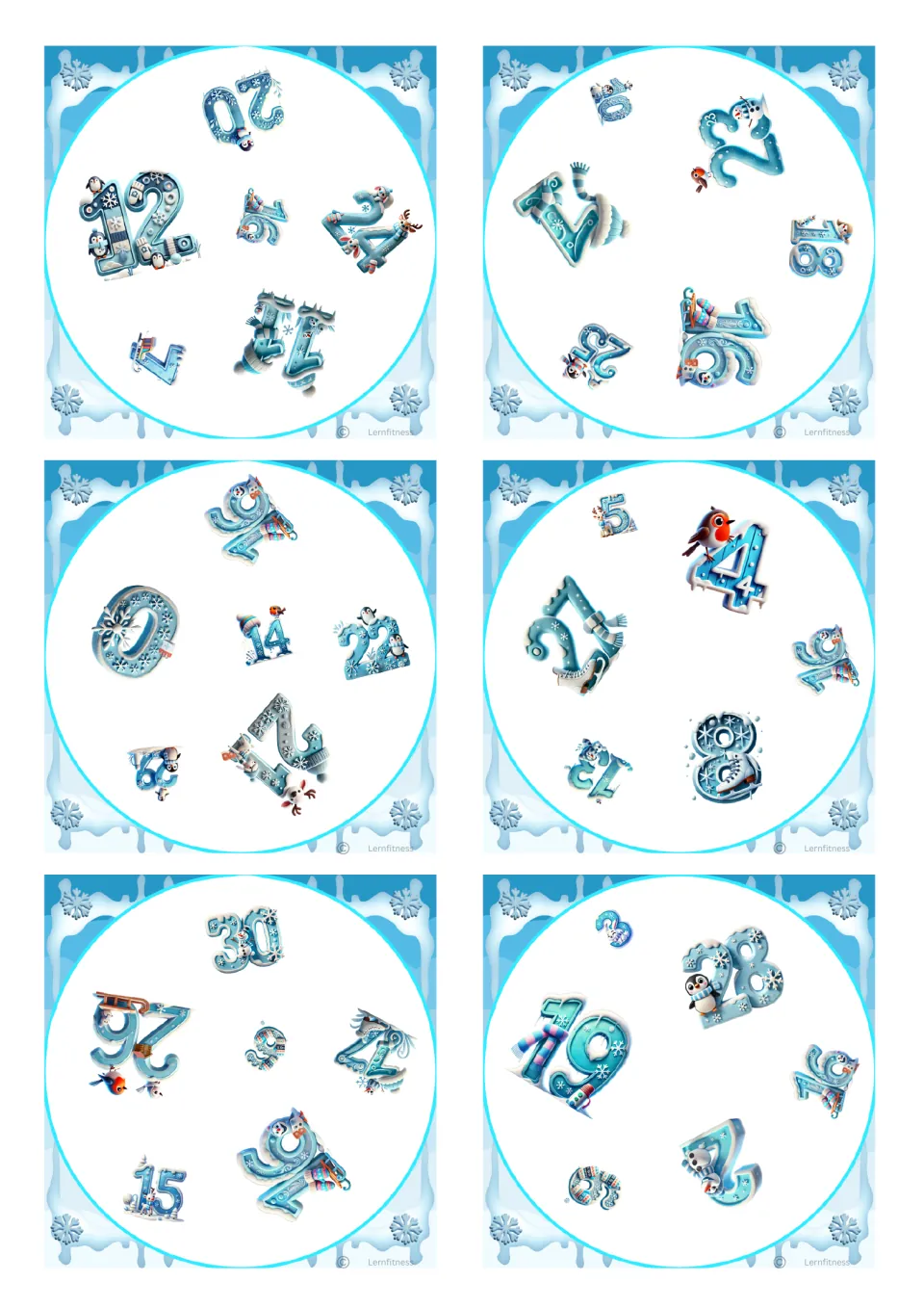 Winter number cards: six round cards on square backs, each showing 6 numbers like 12, 20, 22 and 30 for spotting the match