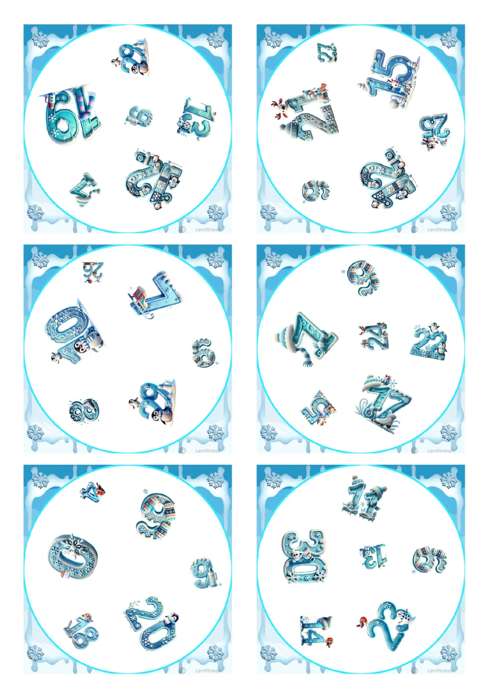 Six more winter number cards with penguins and snowmen on numerals such as 0, 9, 15, 22 and 24 for number recognition