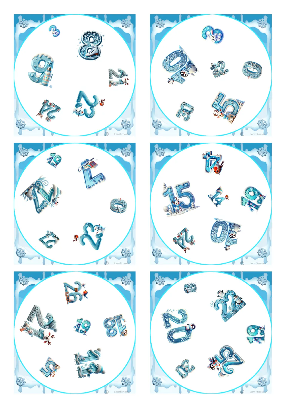 Number-matching cards decorated with skates, sleds and robins on numerals including 8, 9, 15 and 19, six to a sheet