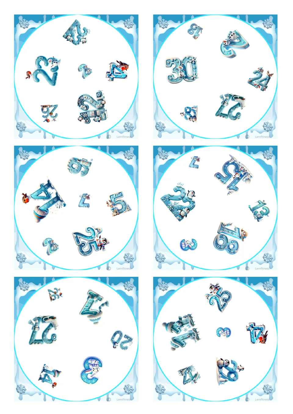 Matching cards with numerals such as 5, 24, 25 and 30 dressed in hats and scarves; players spot the number two cards share
