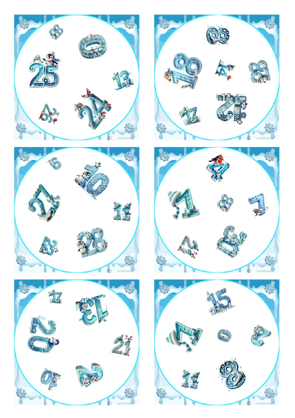Last full sheet of six number cards showing numerals like 11, 13, 24, 25 and 28 with penguins and reindeer for matching