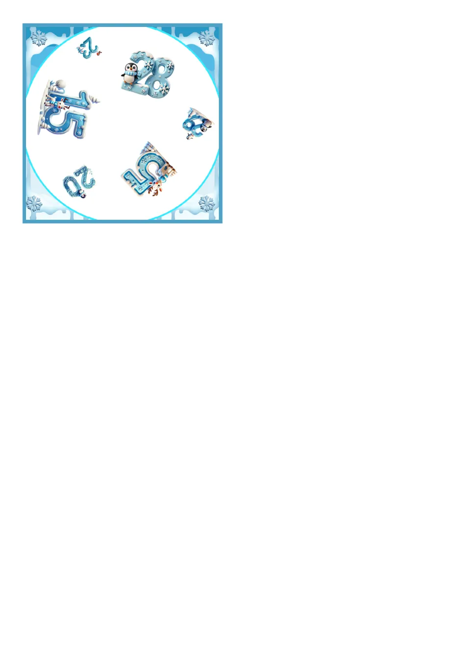 Single final number card for the square set, showing 28 with a penguin, 15 and 5 among six winter numerals to match