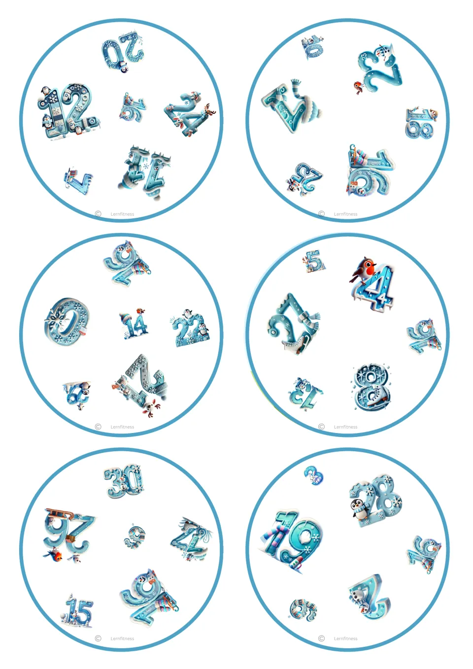 Round-only number cards with no square background, six per sheet, showing numerals like 12, 14, 22 and 30 to spot the match