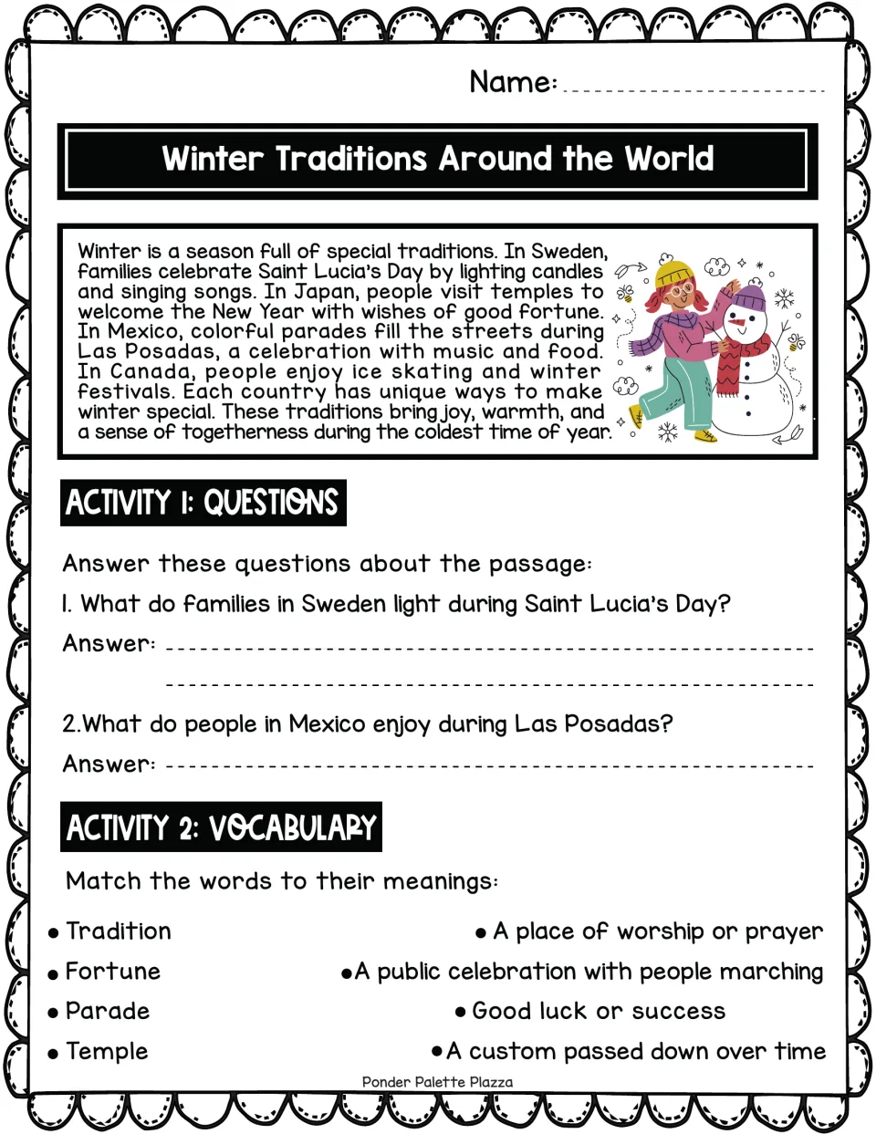 Winter customs in Sweden, Japan, Mexico and Canada: students read a passage, answer 2 questions and match 4 vocab words