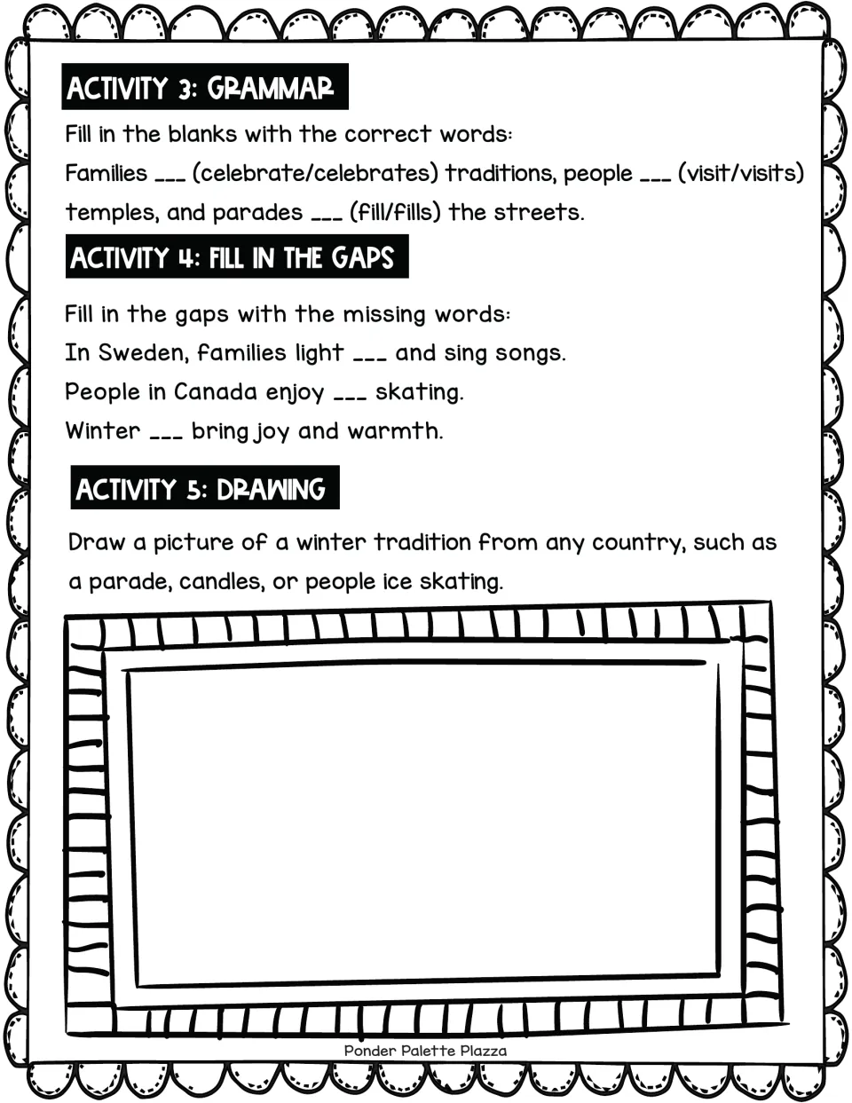 Winter customs follow-up: students pick verb forms for agreement, fill gaps from the passage, then draw a winter tradition