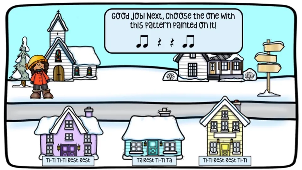 Third building challenge: match two eighth notes, two quarter rests, and two eighth notes to a house.