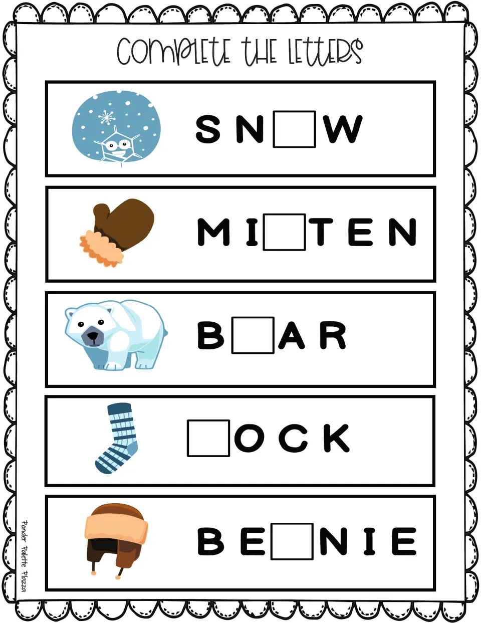 Complete the letters: students fill in the one missing letter in snow, mitten, bear, sock and beanie beside each picture