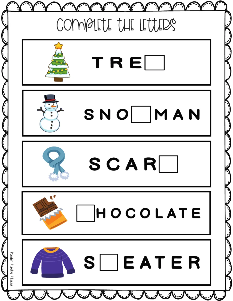 Missing-letter spelling: students complete tree, snowman, scarf, chocolate and sweater, using each picture as a clue