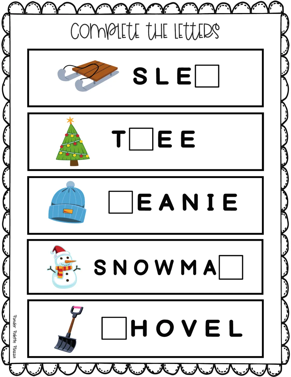 Winter words with a letter gap: students write the missing letter to spell sled, tree, beanie, snowman and shovel
