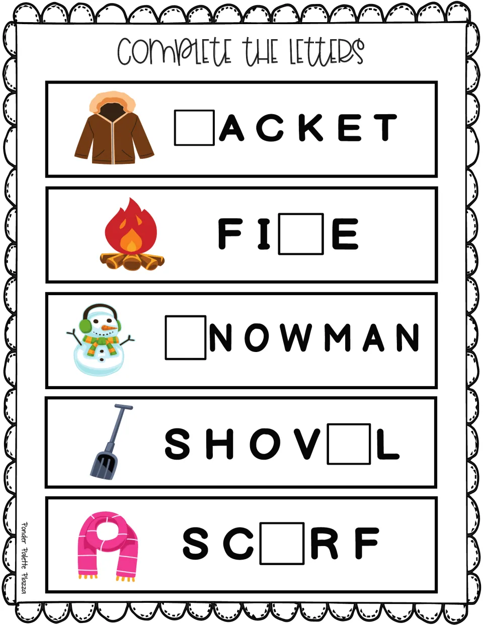 Spelling practice: students supply the missing letter in jacket, fire, snowman, shovel and scarf next to each picture